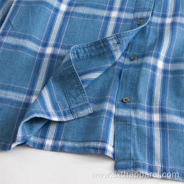 Men's Blue and White Plaid Long Sleeve Shirt